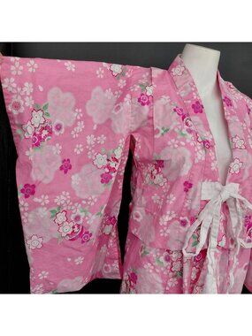 Kimono Wrap Dress Girls 7-8 130 Pink Cherry Blossom Cotton Long Sleeve Japanese